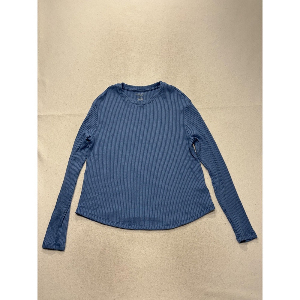 American Eagle Blue Ribbed Crew Neck Long Sleeve Shirt Womens M AEM120605U9A